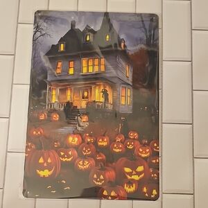 8x12 Halloween Haunted House With Pumpkin Filled Yard Metal Sign